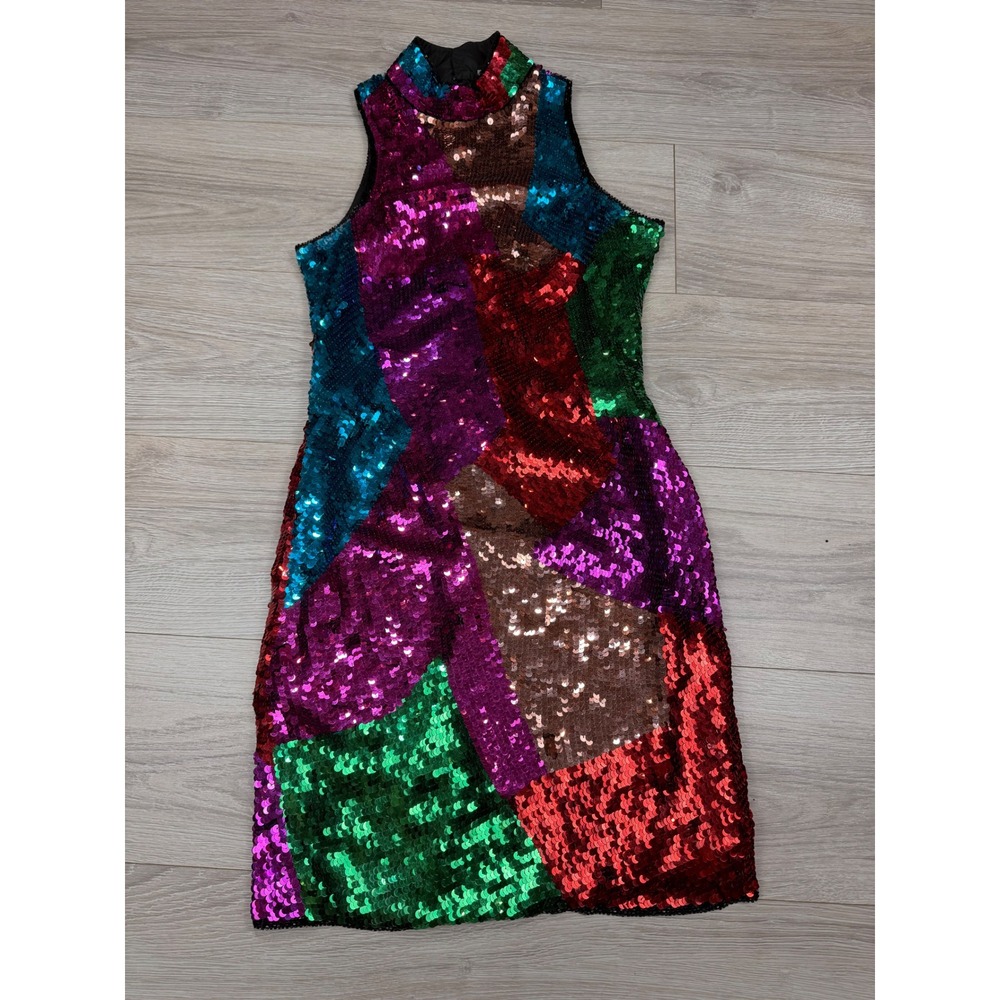 Vintage La‎ Divina New York 80s Sequin Silk Dress Multicolor Geometric Size S